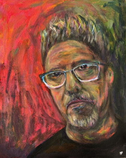 Self-portrait painting using vivid Fauvist colour