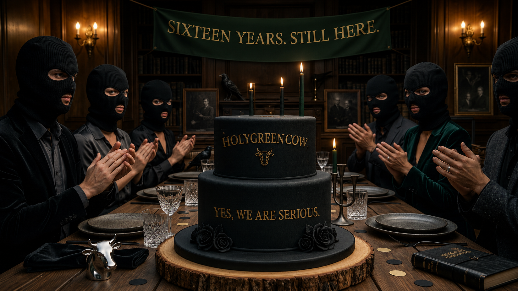 Masked HolyGreenCow anniversary dinner marking sixteen years